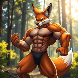 A muscular anthropomorphic fox with a powerful build, showcasing defined muscles and a confident stance