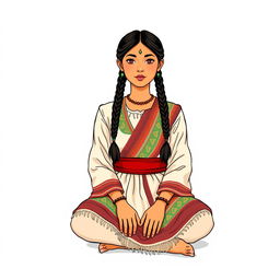 A front view illustration of an adult woman sitting on the floor, featuring two braids and wearing traditional indigenous attire from Guatemala, complemented by a thick red belt
