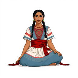 A front view illustration of an adult woman sitting on the floor, featuring two braids and wearing traditional indigenous attire from Guatemala, complemented by a thick red belt