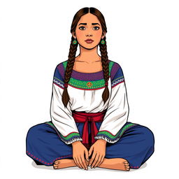 A front view illustration of an adult woman sitting on the floor, featuring two braids and wearing traditional indigenous attire from Guatemala, complemented by a thick red belt