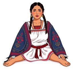 A front view illustration of an adult woman sitting on the floor, featuring two braids and wearing traditional indigenous attire from Guatemala, complemented by a thick red belt