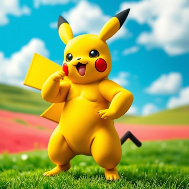 A muscular Pikachu, showcasing a well-defined and powerful physique, with vibrant yellow fur, standing confidently in a dynamic pose