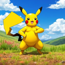 A muscular Pikachu, showcasing a well-defined and powerful physique, with vibrant yellow fur, standing confidently in a dynamic pose