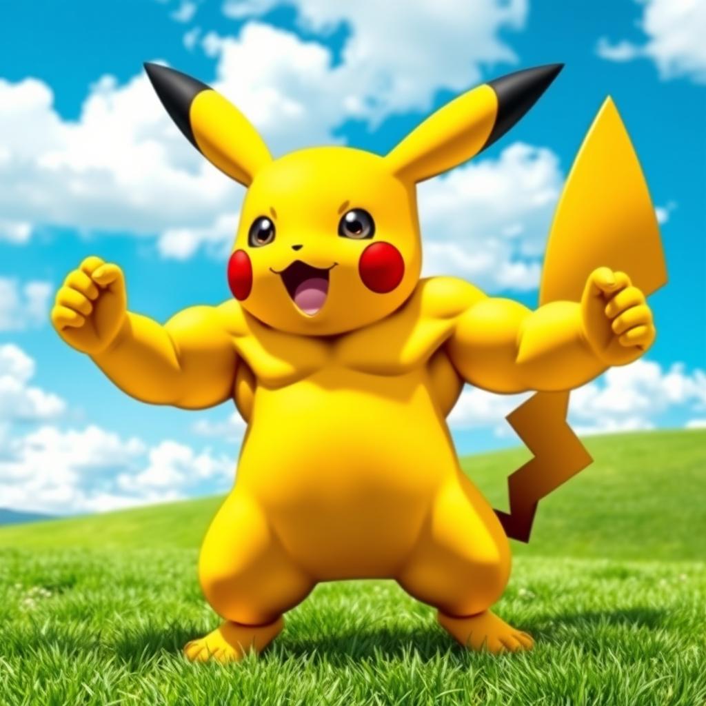 A muscular Pikachu, showcasing a well-defined and powerful physique, with vibrant yellow fur, standing confidently in a dynamic pose