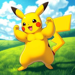 A muscular Pikachu, showcasing a well-defined and powerful physique, with vibrant yellow fur, standing confidently in a dynamic pose