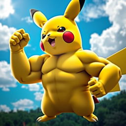 A muscular Pikachu with exaggerated biceps and a powerful stance, flexing its muscles in a dynamic pose