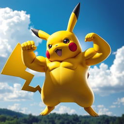 A muscular Pikachu with exaggerated biceps and a powerful stance, flexing its muscles in a dynamic pose