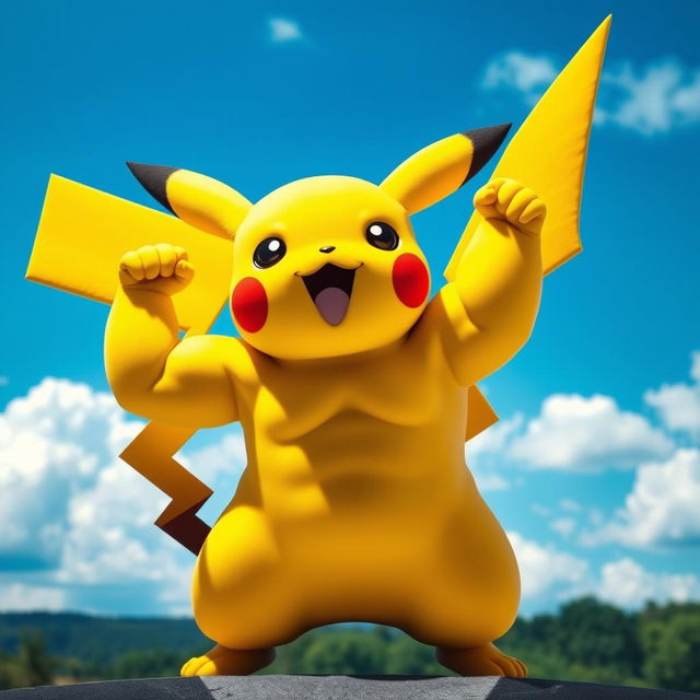 A muscular Pikachu with exaggerated biceps and a powerful stance, flexing its muscles in a dynamic pose