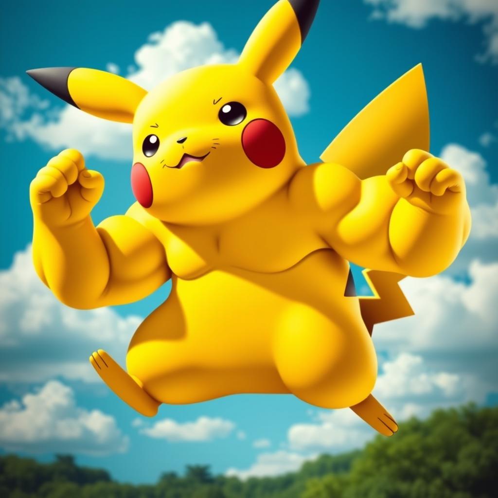 A muscular Pikachu with exaggerated biceps and a powerful stance, flexing its muscles in a dynamic pose