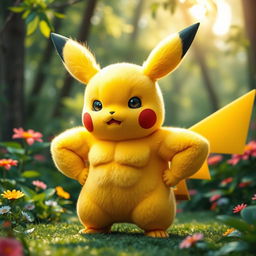 A muscular Pikachu with exaggerated biceps and abs, standing proudly in a vibrant forest setting