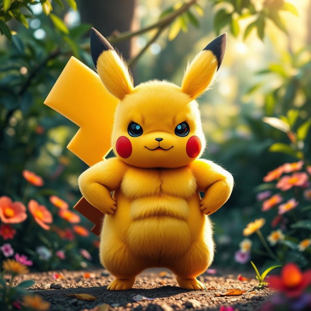 A muscular Pikachu with exaggerated biceps and abs, standing proudly in a vibrant forest setting