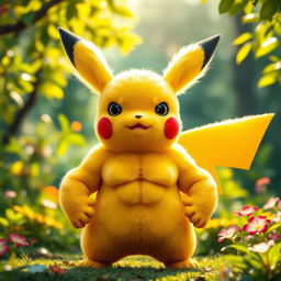 A muscular Pikachu with exaggerated biceps and abs, standing proudly in a vibrant forest setting