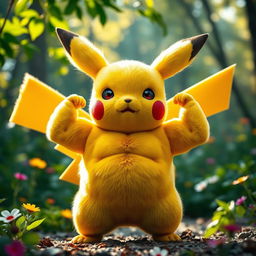 A muscular Pikachu with exaggerated biceps and abs, standing proudly in a vibrant forest setting
