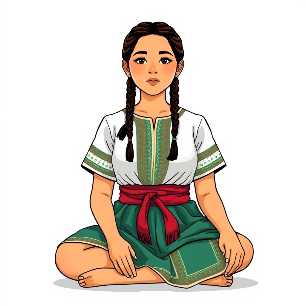 A front view illustration of an adult woman sitting on the floor, featuring two braids and wearing traditional indigenous attire from Guatemala, including a short-sleeved blouse