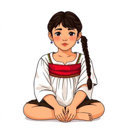 A front view illustration of an adult woman sitting on the floor, featuring two braids and wearing traditional indigenous attire from Guatemala, including a short-sleeved blouse