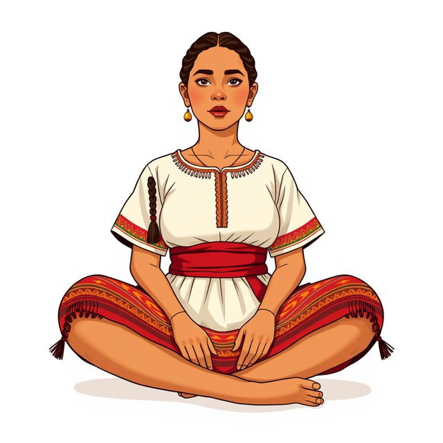 A front view illustration of an adult woman sitting on the floor, featuring two braids and wearing traditional indigenous attire from Guatemala, including a short-sleeved blouse