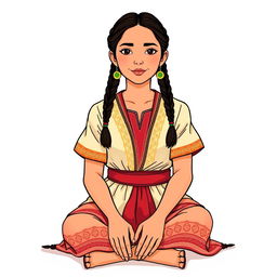 A front view illustration of an adult woman sitting on the floor, featuring two braids and wearing traditional indigenous attire from Guatemala, including a short-sleeved blouse