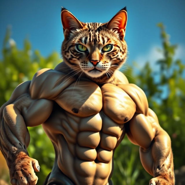 A highly detailed and muscular cat with a powerful physique, showcasing impressive muscle definition