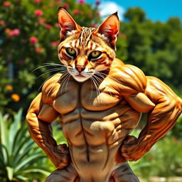 A highly detailed and muscular cat with a powerful physique, showcasing impressive muscle definition