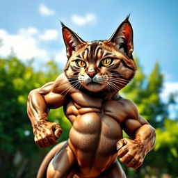 A highly detailed and muscular cat with a powerful physique, showcasing impressive muscle definition
