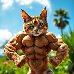 A highly detailed and muscular cat with a powerful physique, showcasing impressive muscle definition