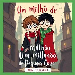 A delightful book cover illustration featuring James Potter in Gryffindor robes and Regulus Black in Slytherin attire, capturing their friendship amidst the backdrop of Hogwarts