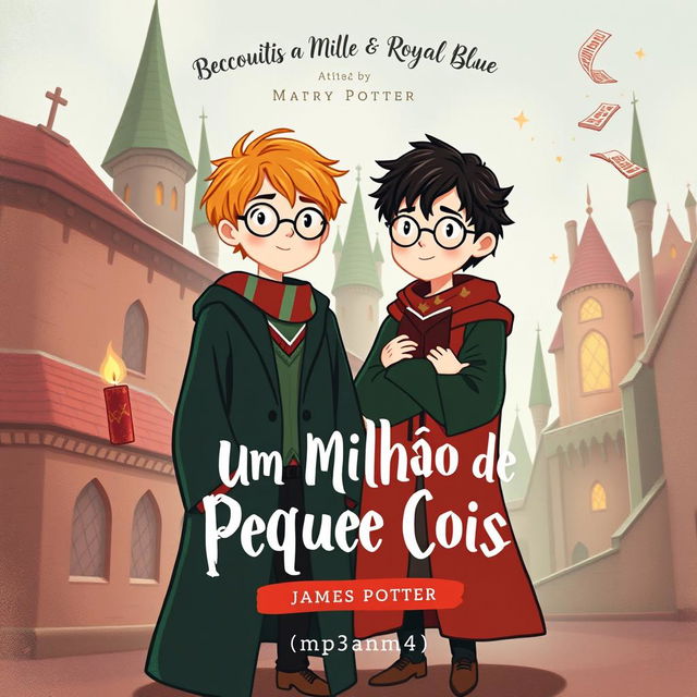 A delightful book cover illustration featuring James Potter in Gryffindor robes and Regulus Black in Slytherin attire, capturing their friendship amidst the backdrop of Hogwarts