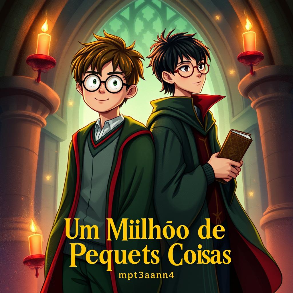 An enchanting book cover illustration featuring James Potter in his Gryffindor robes and Regulus Black in Slytherin attire, capturing the essence of their complex friendship amidst the magical backdrop of Hogwarts