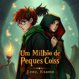 An enchanting book cover illustration featuring James Potter in his Gryffindor robes and Regulus Black in Slytherin attire, capturing the essence of their complex friendship amidst the magical backdrop of Hogwarts