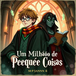 An enchanting book cover illustration featuring James Potter in his Gryffindor robes and Regulus Black in Slytherin attire, capturing the essence of their complex friendship amidst the magical backdrop of Hogwarts