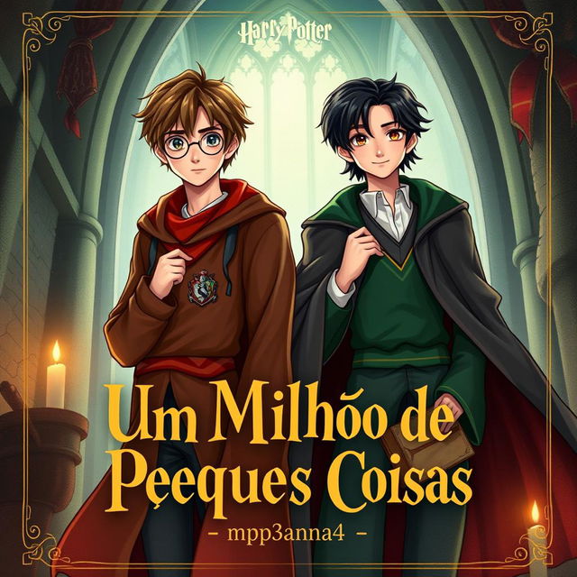 An enchanting book cover illustration featuring James Potter in his Gryffindor robes and Regulus Black in Slytherin attire, capturing the essence of their complex friendship amidst the magical backdrop of Hogwarts