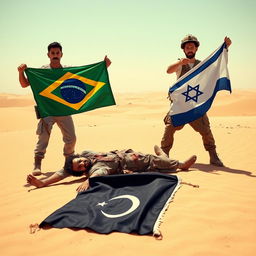 In a dramatic desert landscape at midday, two soldiers pose triumphantly