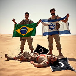 In a dramatic desert landscape at midday, two soldiers pose triumphantly