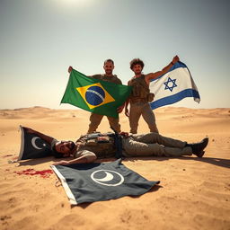 In a dramatic desert landscape at midday, two soldiers pose triumphantly