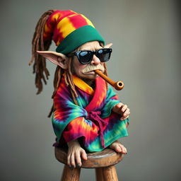 A small goblin sitting on a stool, sporting vibrant Jamaican dreadlocks tucked under a colorful Rasta cap