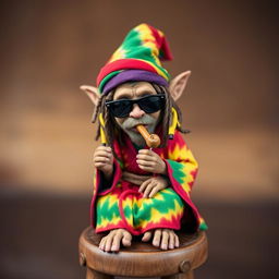 A small goblin sitting on a stool, sporting vibrant Jamaican dreadlocks tucked under a colorful Rasta cap