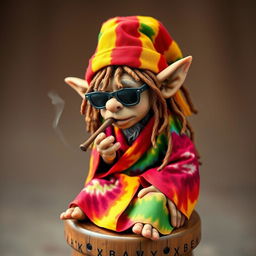 A small goblin sitting on a stool, sporting vibrant Jamaican dreadlocks tucked under a colorful Rasta cap