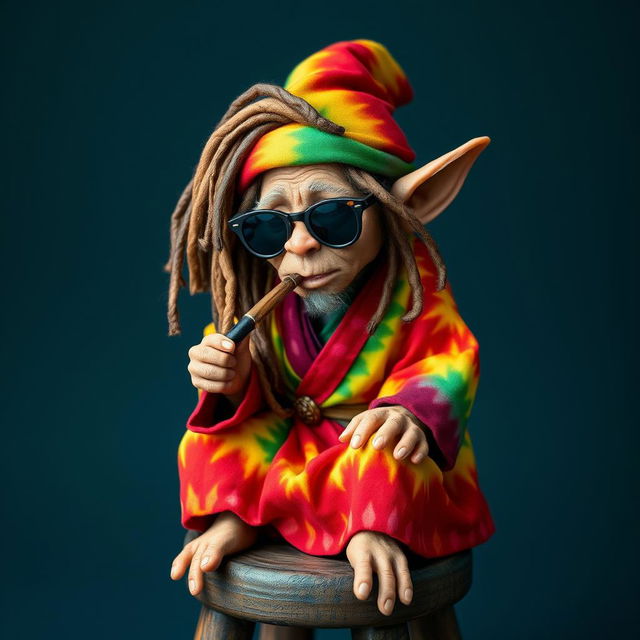 A small goblin sitting on a stool, sporting vibrant Jamaican dreadlocks tucked under a colorful Rasta cap