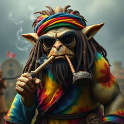 A massive gargantuan-sized goblin with vibrant Jamaican dreadlocks styled under a colorful Rasta cap