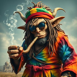 A massive gargantuan-sized goblin with vibrant Jamaican dreadlocks styled under a colorful Rasta cap