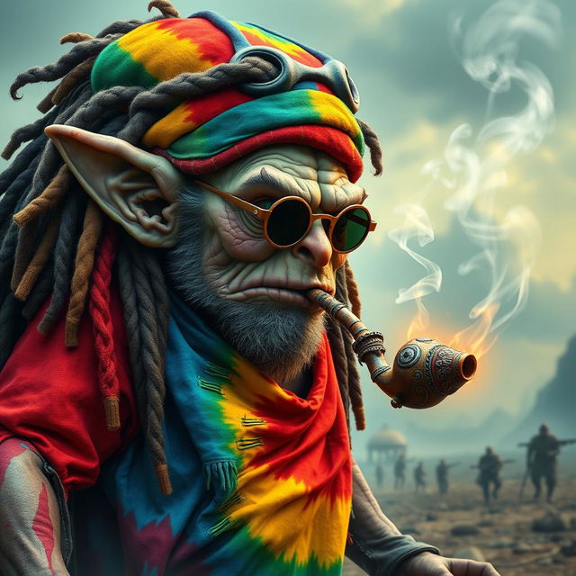 A massive gargantuan-sized goblin with vibrant Jamaican dreadlocks styled under a colorful Rasta cap