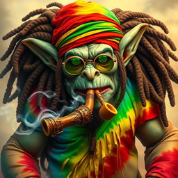 A massive gargantuan-sized goblin with vibrant Jamaican dreadlocks styled under a colorful Rasta cap