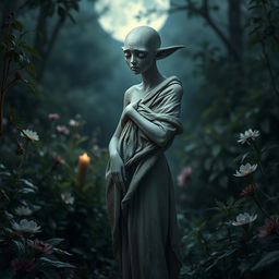 A thin stone statue of an extremely slender half-elf placed in a mystical midnight garden