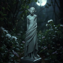 A thin stone statue of an extremely slender half-elf placed in a mystical midnight garden