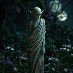 A thin stone statue of an extremely slender half-elf placed in a mystical midnight garden