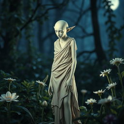 A thin stone statue of an extremely slender half-elf placed in a mystical midnight garden
