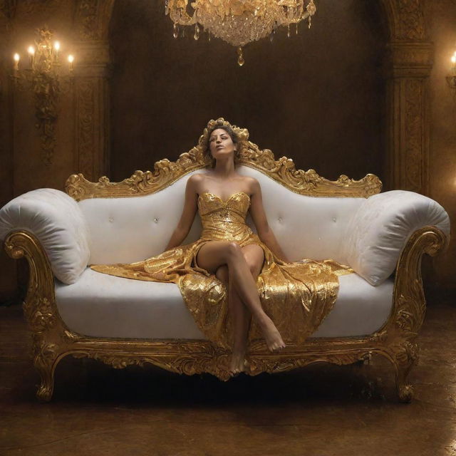 Artistic rendering of Danae laying on an ornate Baroque-style divan, with an awe-inspiring golden rain falling upon her, signifying Zeus's divine visit in gold form.