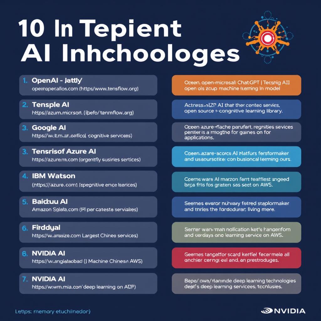 A visually appealing infographic design that presents a list of 10 prominent AI technologies, each with its name, a brief description, and a link below each entry