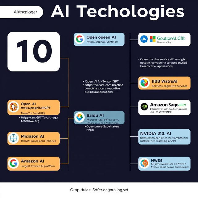 A visually appealing infographic design that presents a list of 10 prominent AI technologies, each with its name, a brief description, and a link below each entry