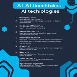 A visually appealing infographic design that presents a list of 10 prominent AI technologies, each with its name, a brief description, and a link below each entry